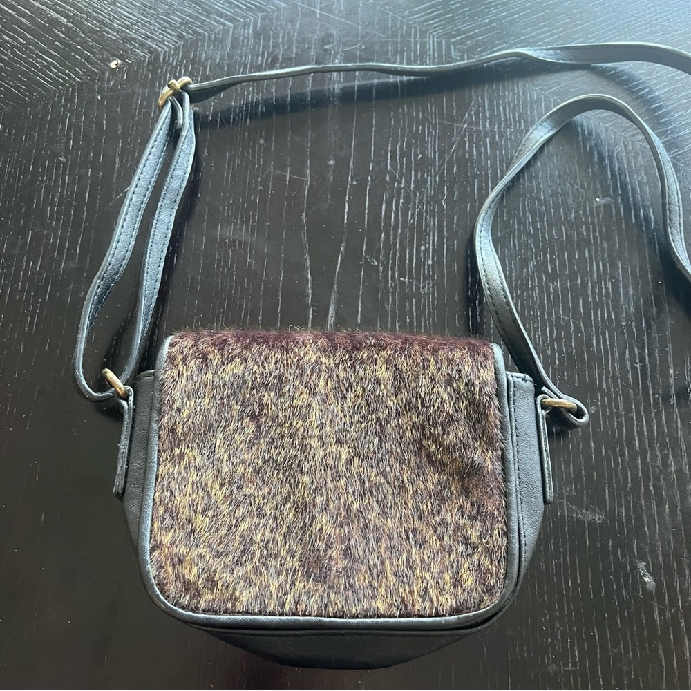 Small Black Faux Leather w/ fur animal print crossbody Bag flap closure 4.5x6.5
